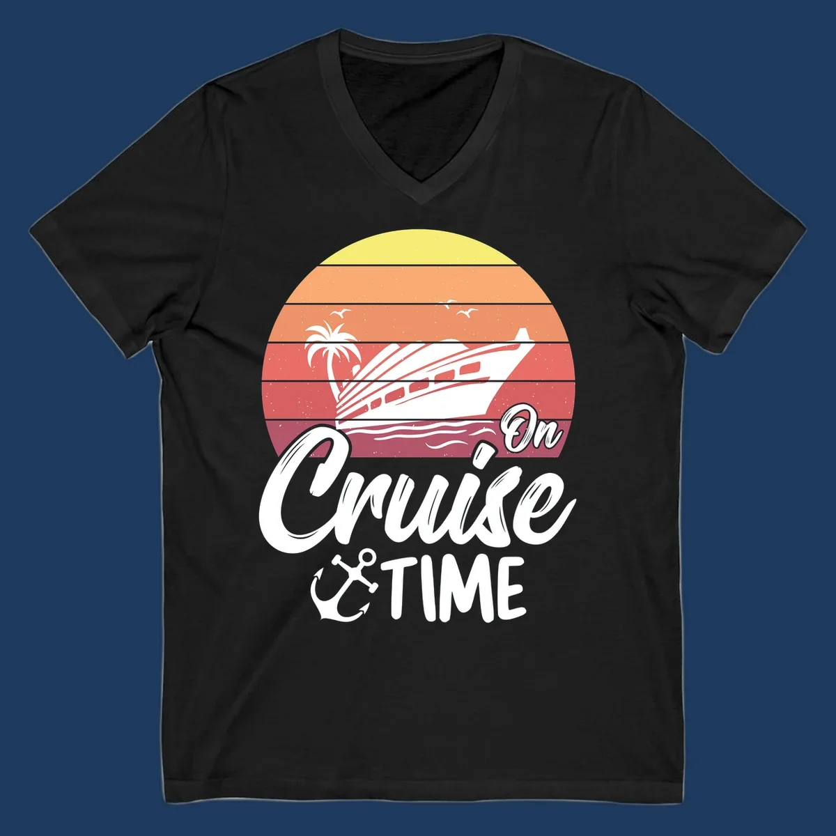 Retro sunset illustration with cruise ship, palm tree, and seagulls, featuring 'On Cruise Time' text with anchor symbol