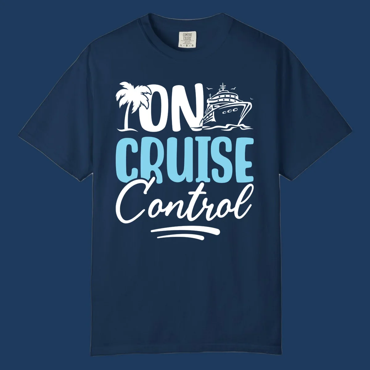 On Cruise Control design with palm tree, cruise ship illustration, and tropical ocean theme in white and cyan colors