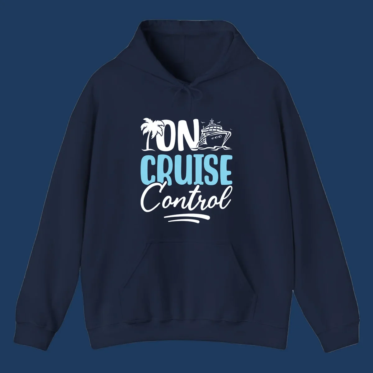 On Cruise Control design with palm tree, cruise ship illustration, and tropical ocean theme in white and cyan colors