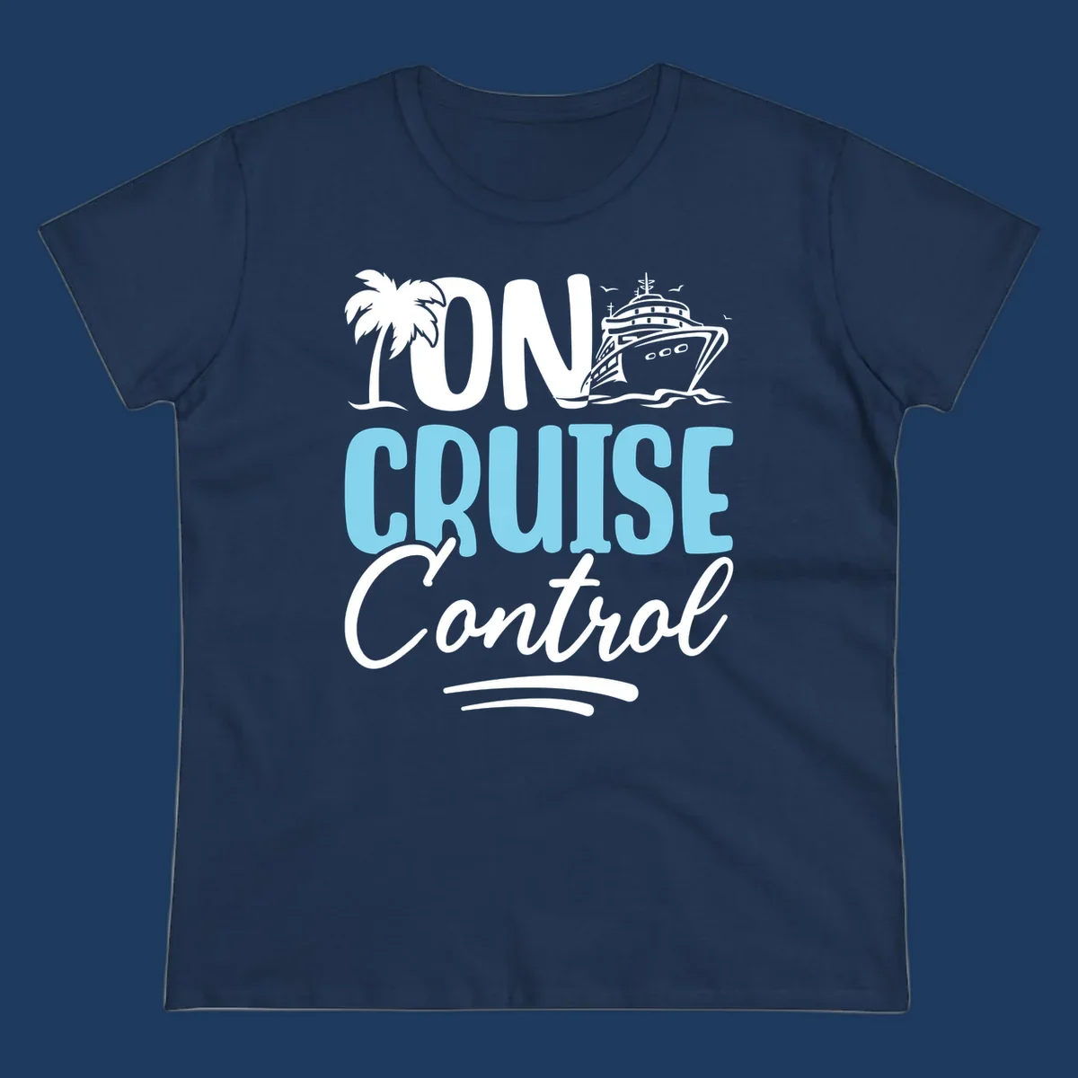 On Cruise Control design with palm tree, cruise ship illustration, and tropical ocean theme in white and cyan colors