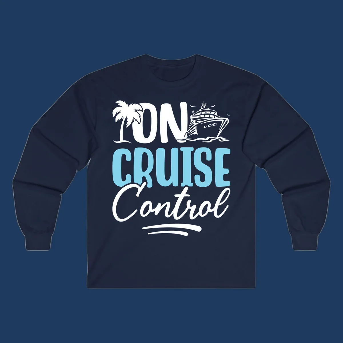 On Cruise Control design with palm tree, cruise ship illustration, and tropical ocean theme in white and cyan colors