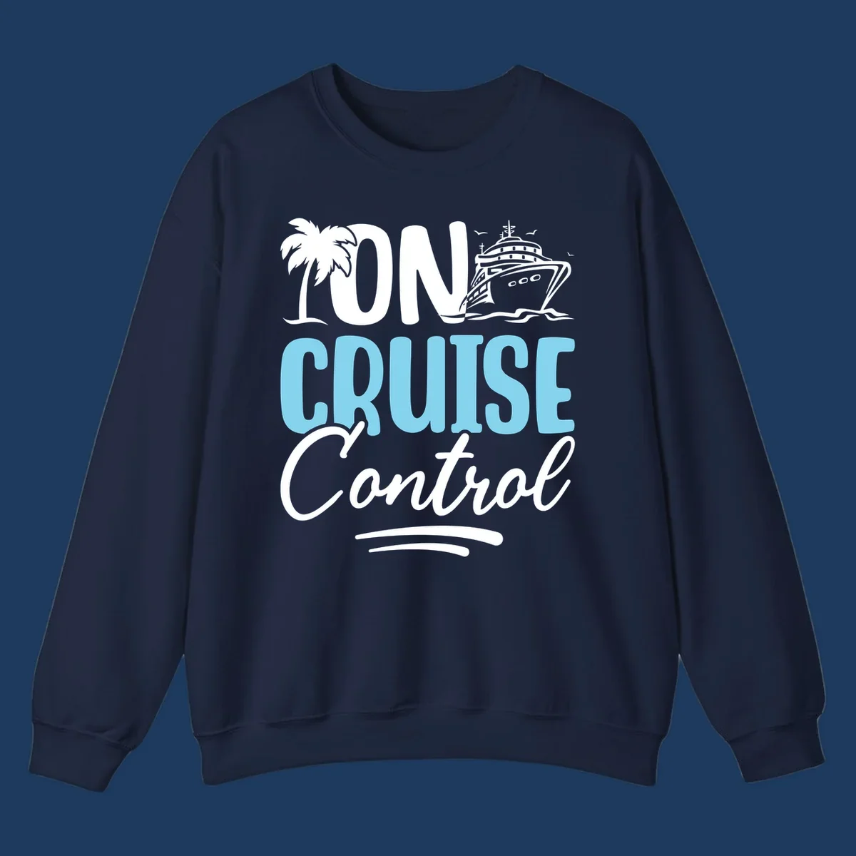 On Cruise Control design with palm tree, cruise ship illustration, and tropical ocean theme in white and cyan colors