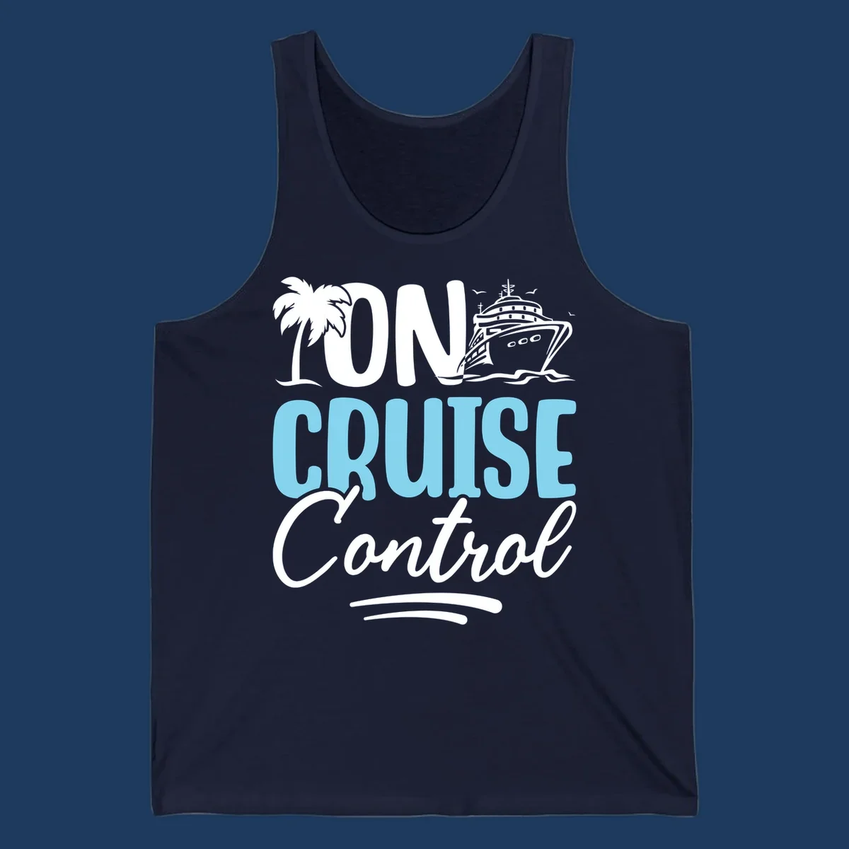 On Cruise Control design with palm tree, cruise ship illustration, and tropical ocean theme in white and cyan colors