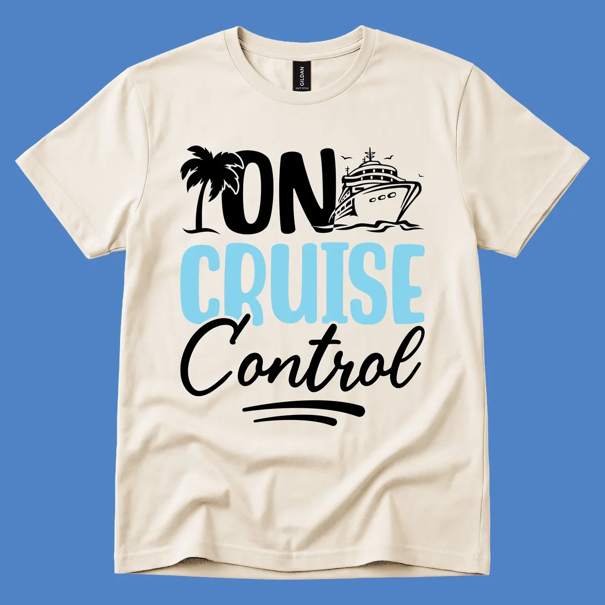 On Cruise Control design with palm tree, cruise ship illustration, and tropical ocean theme in white and cyan colors