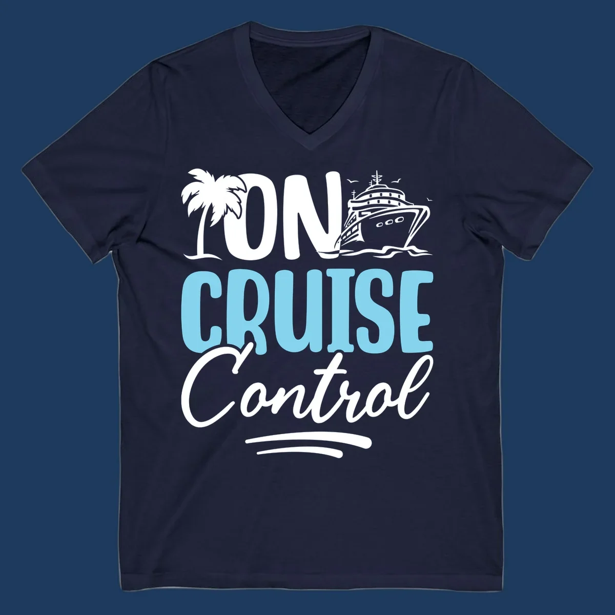 On Cruise Control design with palm tree, cruise ship illustration, and tropical ocean theme in white and cyan colors