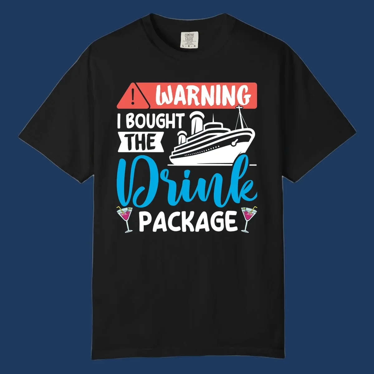 Warning graphic with cruise ship and wine glasses - humorous cruise wine package design