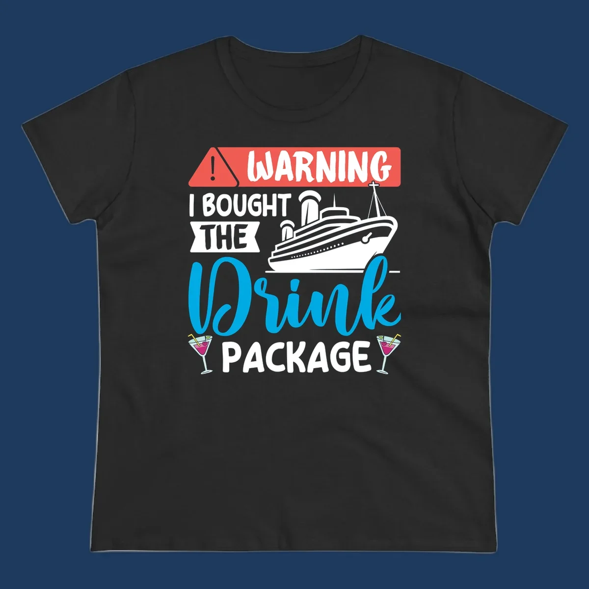 Warning graphic with cruise ship and wine glasses - humorous cruise wine package design