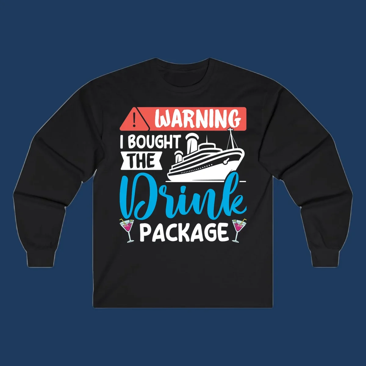 Warning graphic with cruise ship and wine glasses - humorous cruise wine package design