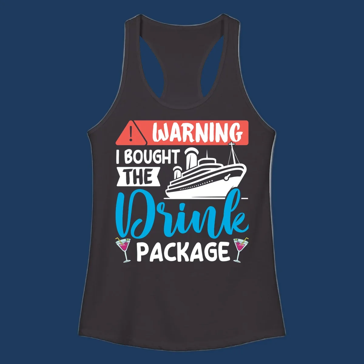 Warning graphic with cruise ship and wine glasses - humorous cruise wine package design
