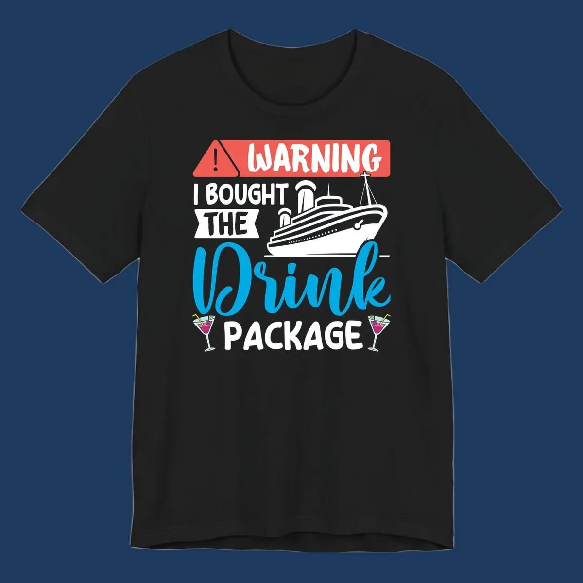 Warning graphic with cruise ship and wine glasses - humorous cruise wine package design