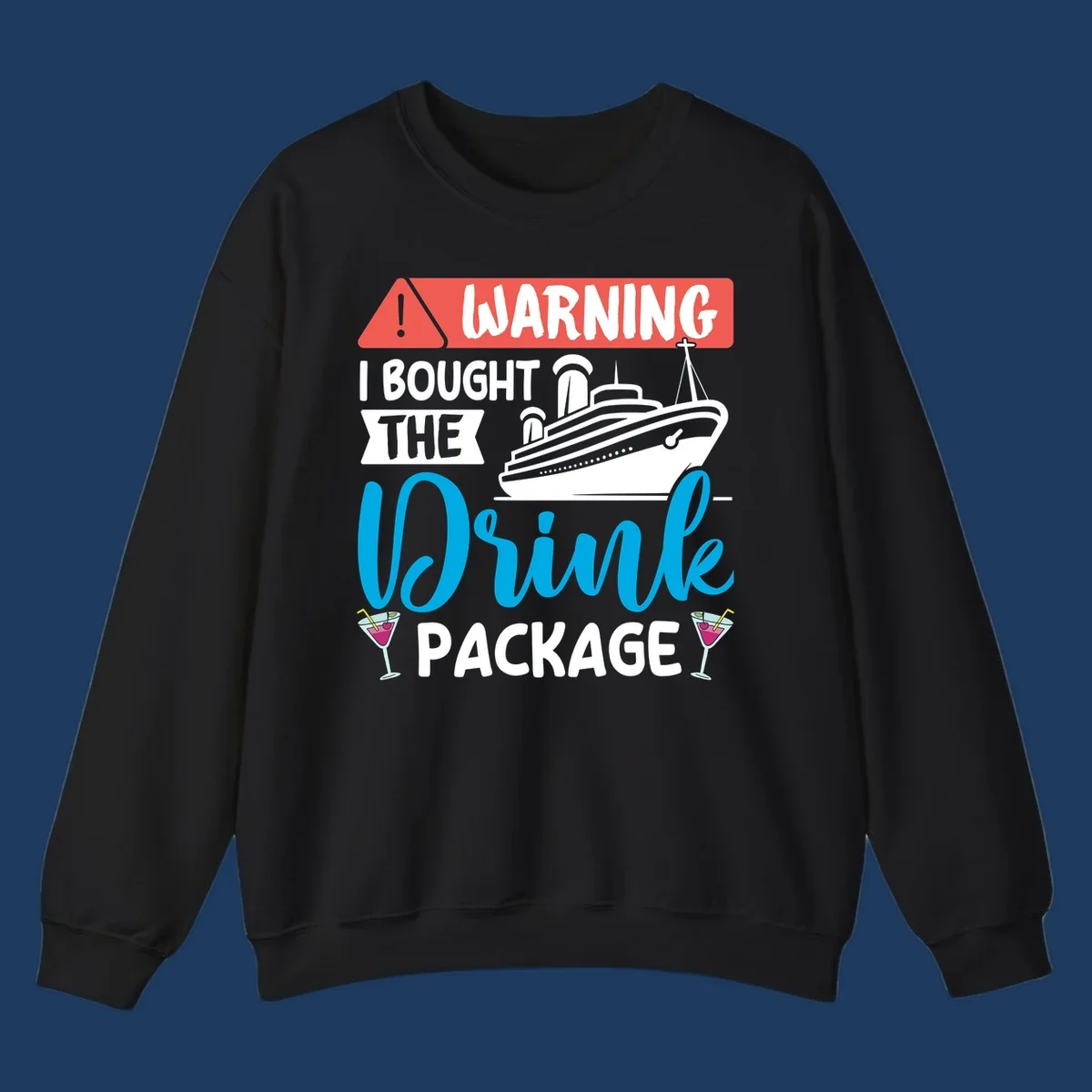 Warning graphic with cruise ship and wine glasses - humorous cruise wine package design