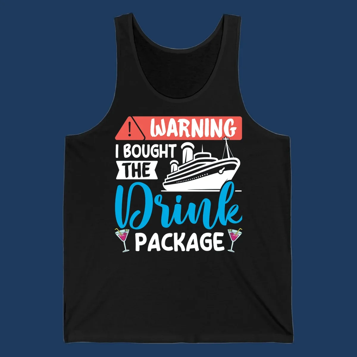 Warning graphic with cruise ship and wine glasses - humorous cruise wine package design