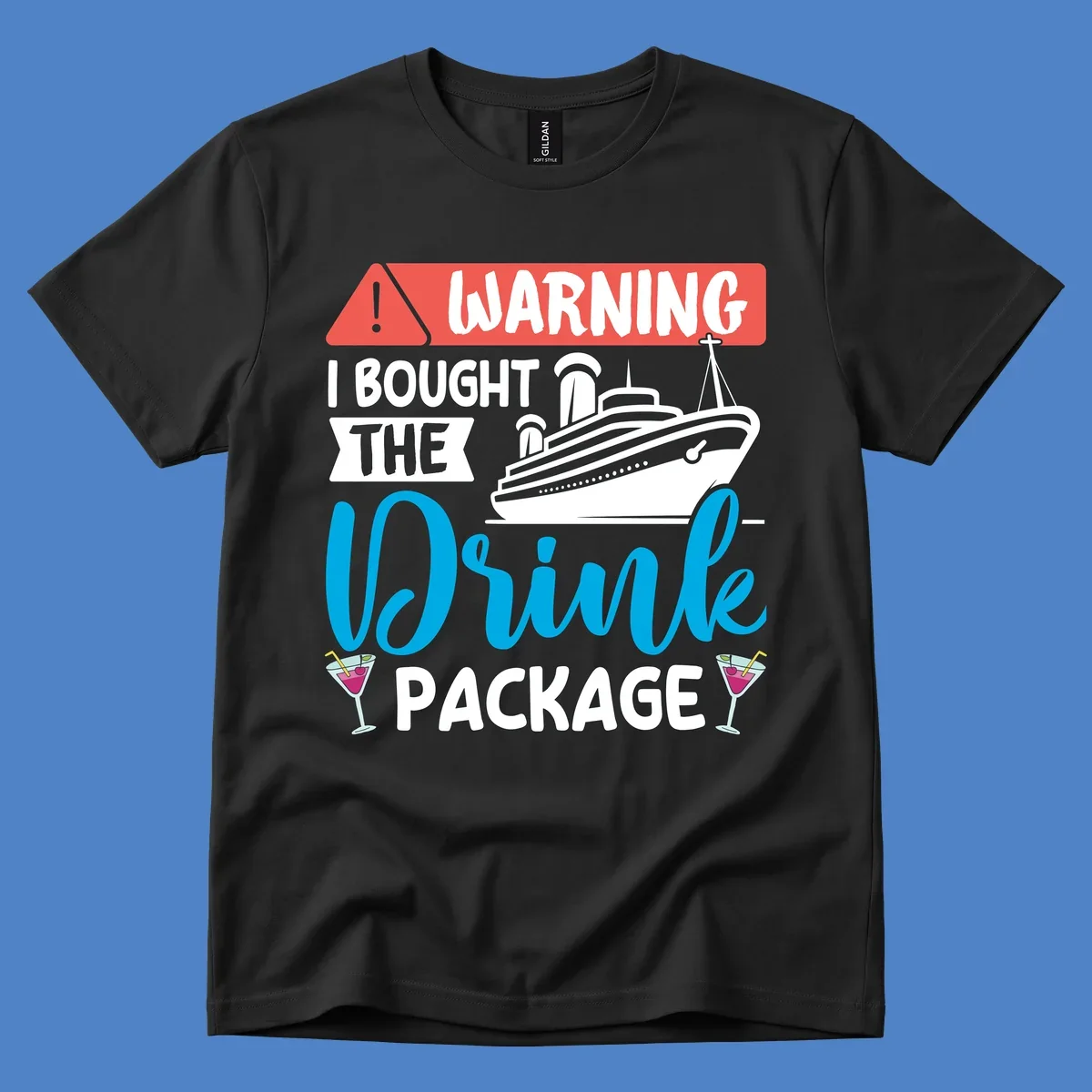 Warning graphic with cruise ship and wine glasses - humorous cruise wine package design