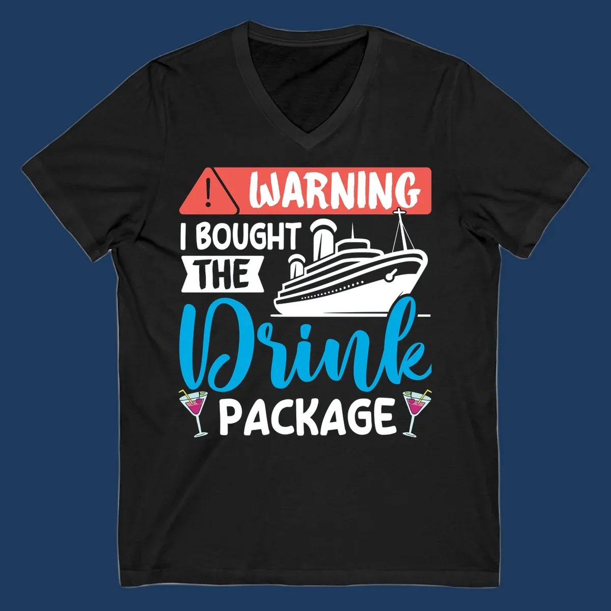 Warning graphic with cruise ship and wine glasses - humorous cruise wine package design