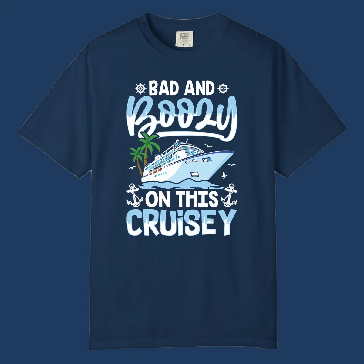 Nautical cruise ship design with 'Bad and Knotty on This Cruise' text, featuring anchors, wheels, and tropical elements