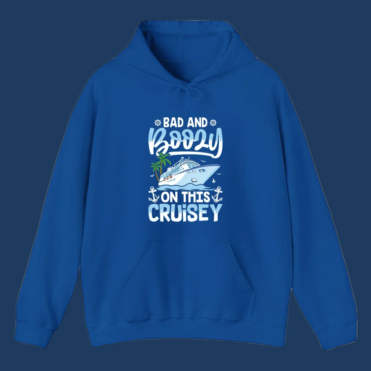 Nautical cruise ship design with 'Bad and Knotty on This Cruise' text, featuring anchors, wheels, and tropical elements
