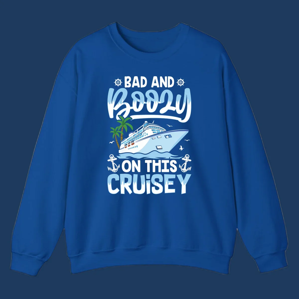 Nautical cruise ship design with 'Bad and Knotty on This Cruise' text, featuring anchors, wheels, and tropical elements