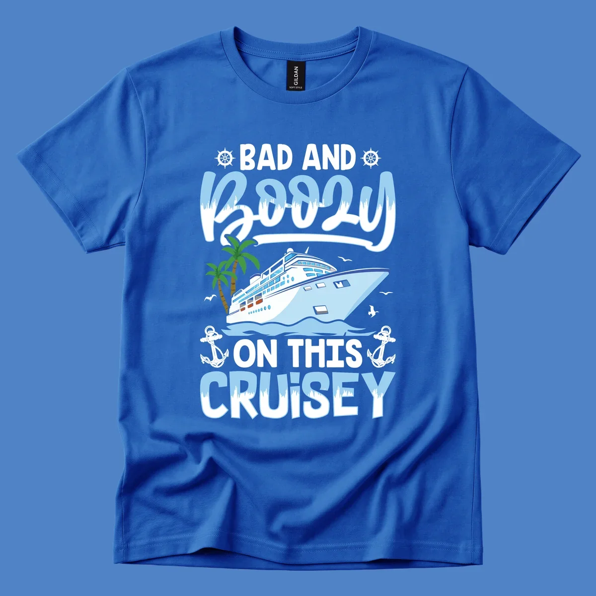 Nautical cruise ship design with 'Bad and Knotty on This Cruise' text, featuring anchors, wheels, and tropical elements