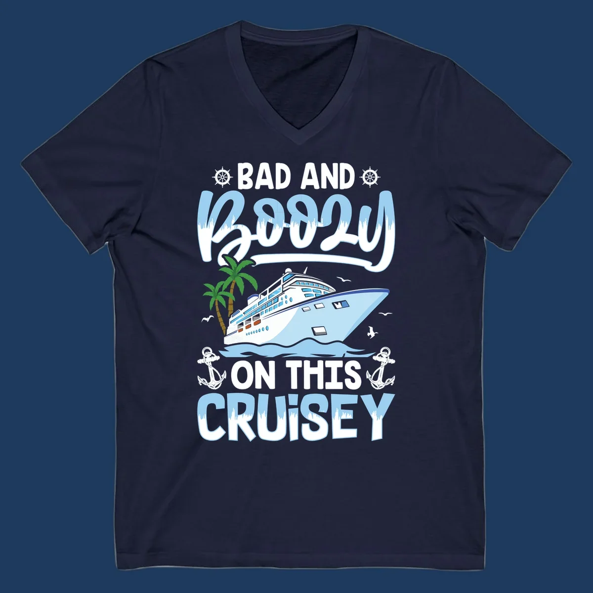 Nautical cruise ship design with 'Bad and Knotty on This Cruise' text, featuring anchors, wheels, and tropical elements