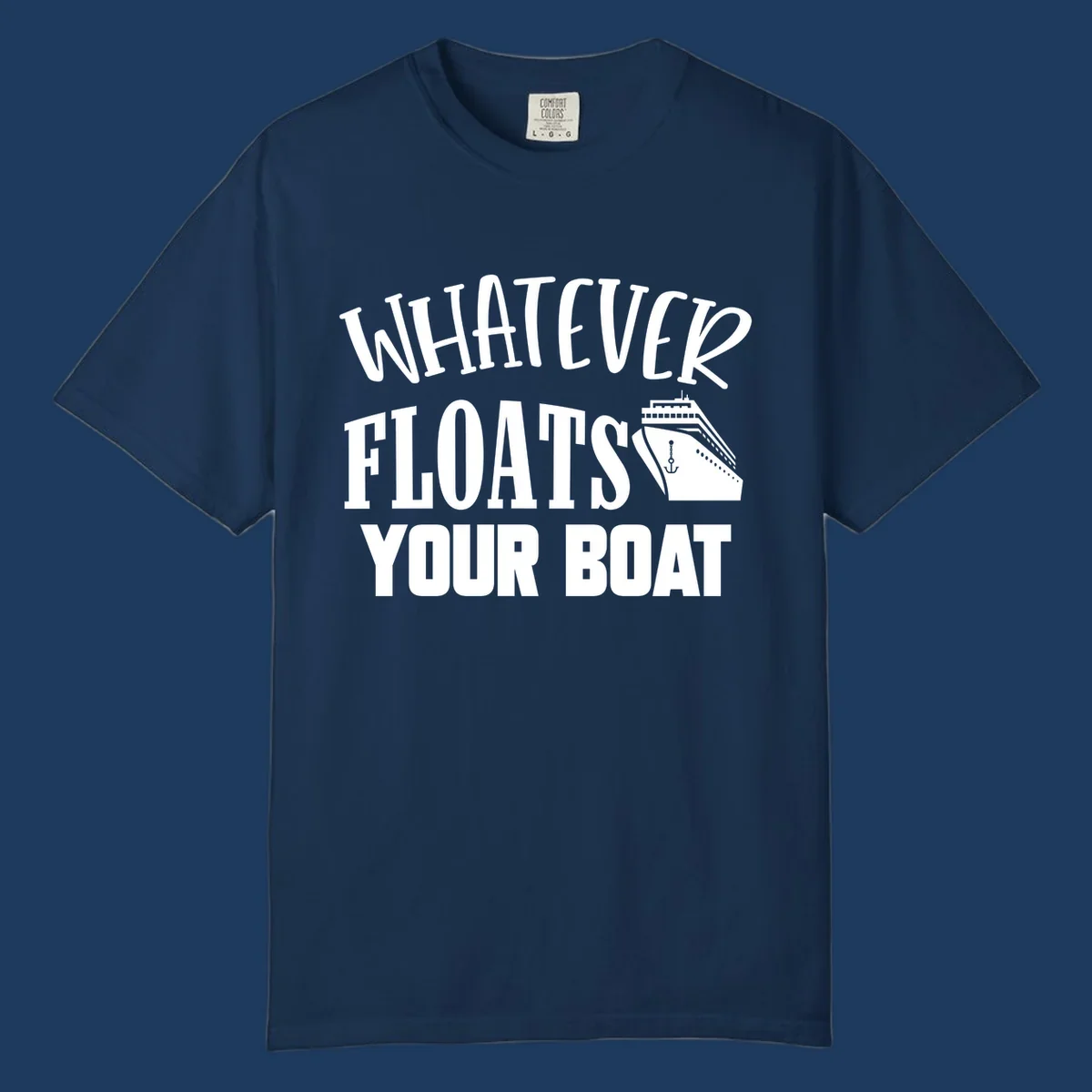 White text reading 'Whatever Floats Your Boat' with a cruise ship and anchor illustration on gray background
