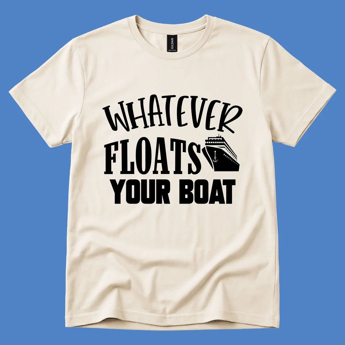 White text reading 'Whatever Floats Your Boat' with a cruise ship and anchor illustration on gray background