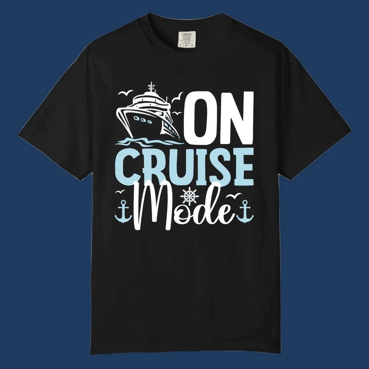 Illustration of a cruise ship with nautical elements and text reading 'On Cruise Mode' in white and light blue lettering on gray background.