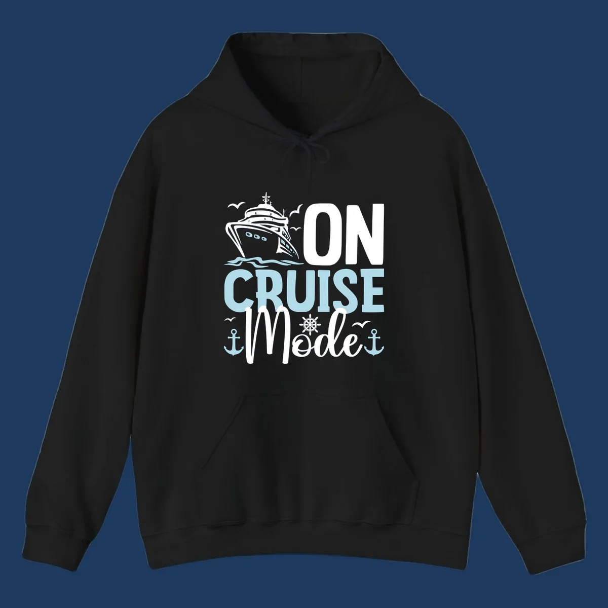 Illustration of a cruise ship with nautical elements and text reading 'On Cruise Mode' in white and light blue lettering on gray background.