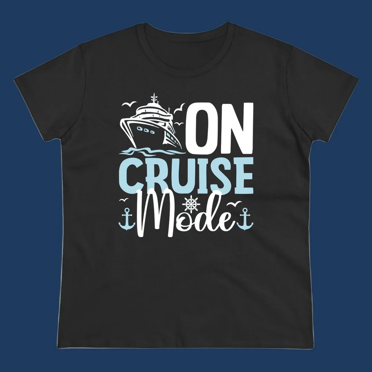 Illustration of a cruise ship with nautical elements and text reading 'On Cruise Mode' in white and light blue lettering on gray background.