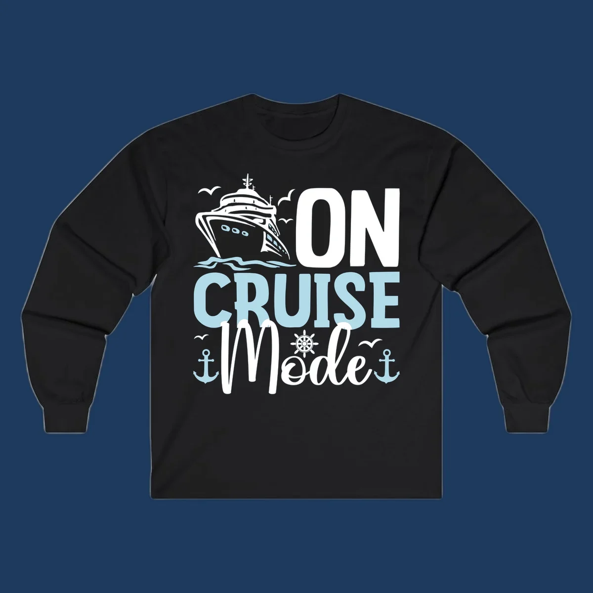 Illustration of a cruise ship with nautical elements and text reading 'On Cruise Mode' in white and light blue lettering on gray background.