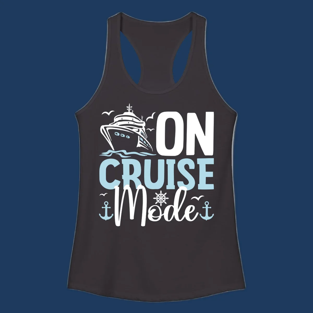 Illustration of a cruise ship with nautical elements and text reading 'On Cruise Mode' in white and light blue lettering on gray background.