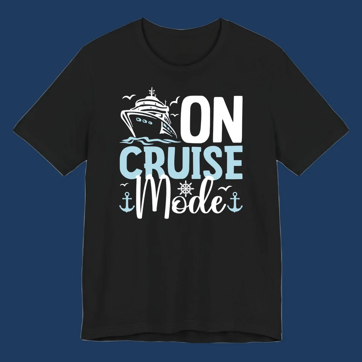 Illustration of a cruise ship with nautical elements and text reading 'On Cruise Mode' in white and light blue lettering on gray background.