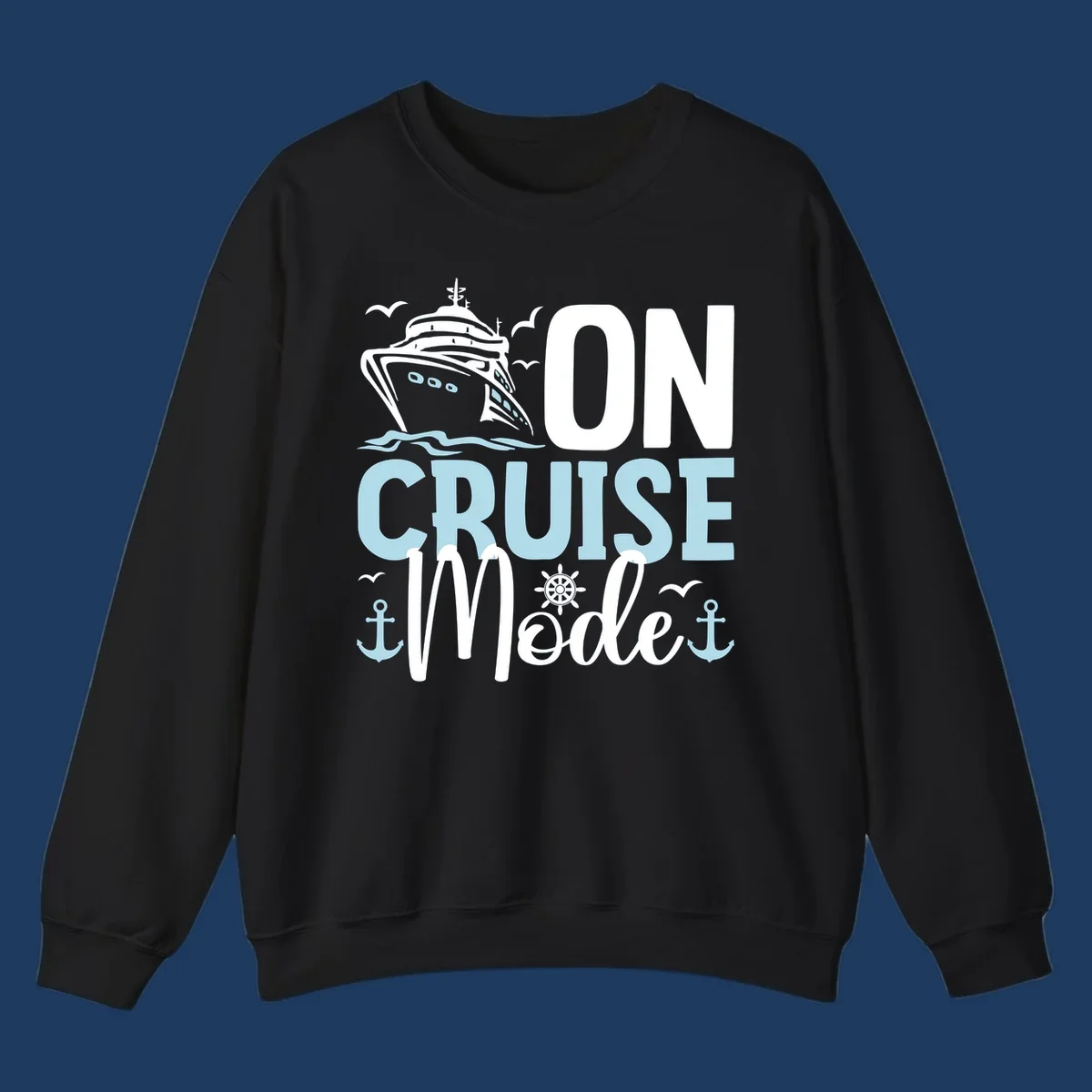 Illustration of a cruise ship with nautical elements and text reading 'On Cruise Mode' in white and light blue lettering on gray background.