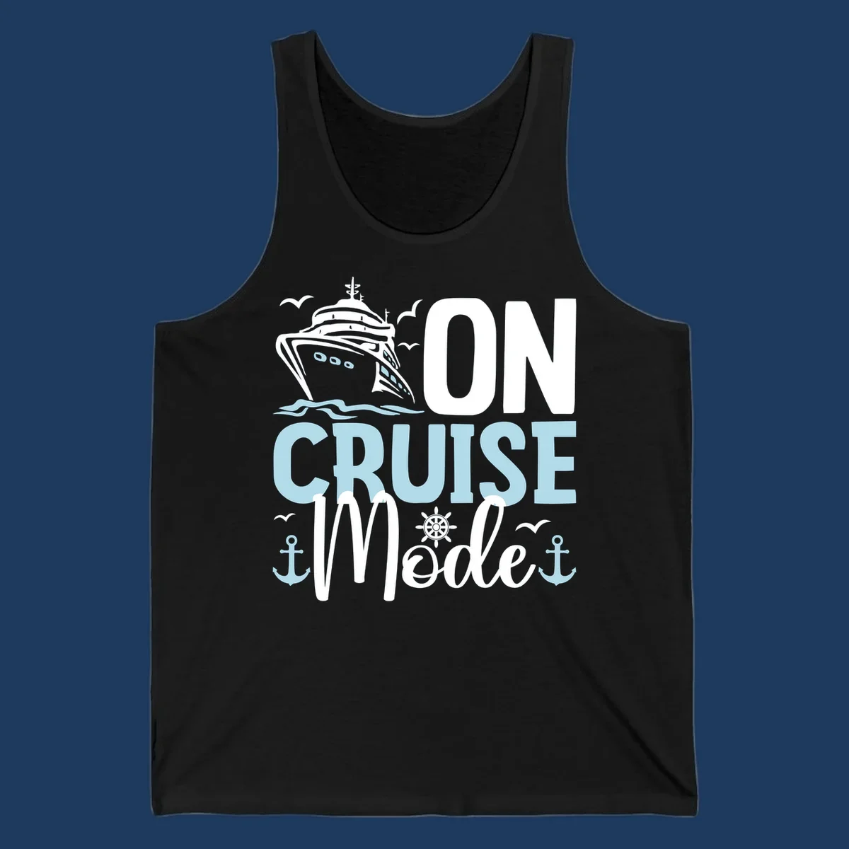 Illustration of a cruise ship with nautical elements and text reading 'On Cruise Mode' in white and light blue lettering on gray background.