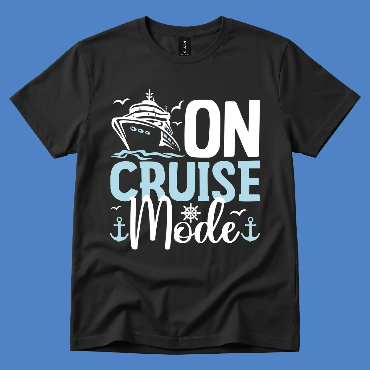 Illustration of a cruise ship with nautical elements and text reading 'On Cruise Mode' in white and light blue lettering on gray background.