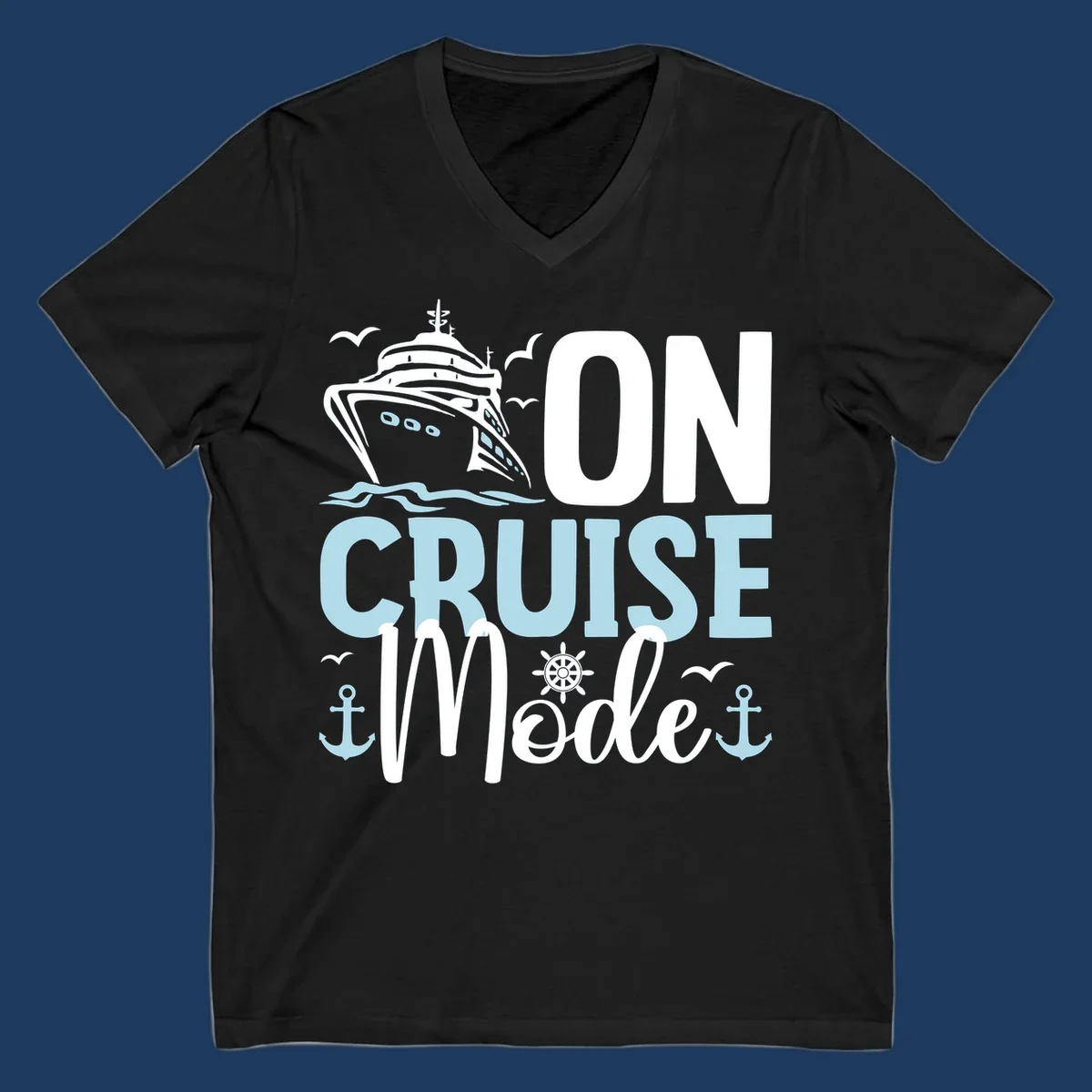 Illustration of a cruise ship with nautical elements and text reading 'On Cruise Mode' in white and light blue lettering on gray background.