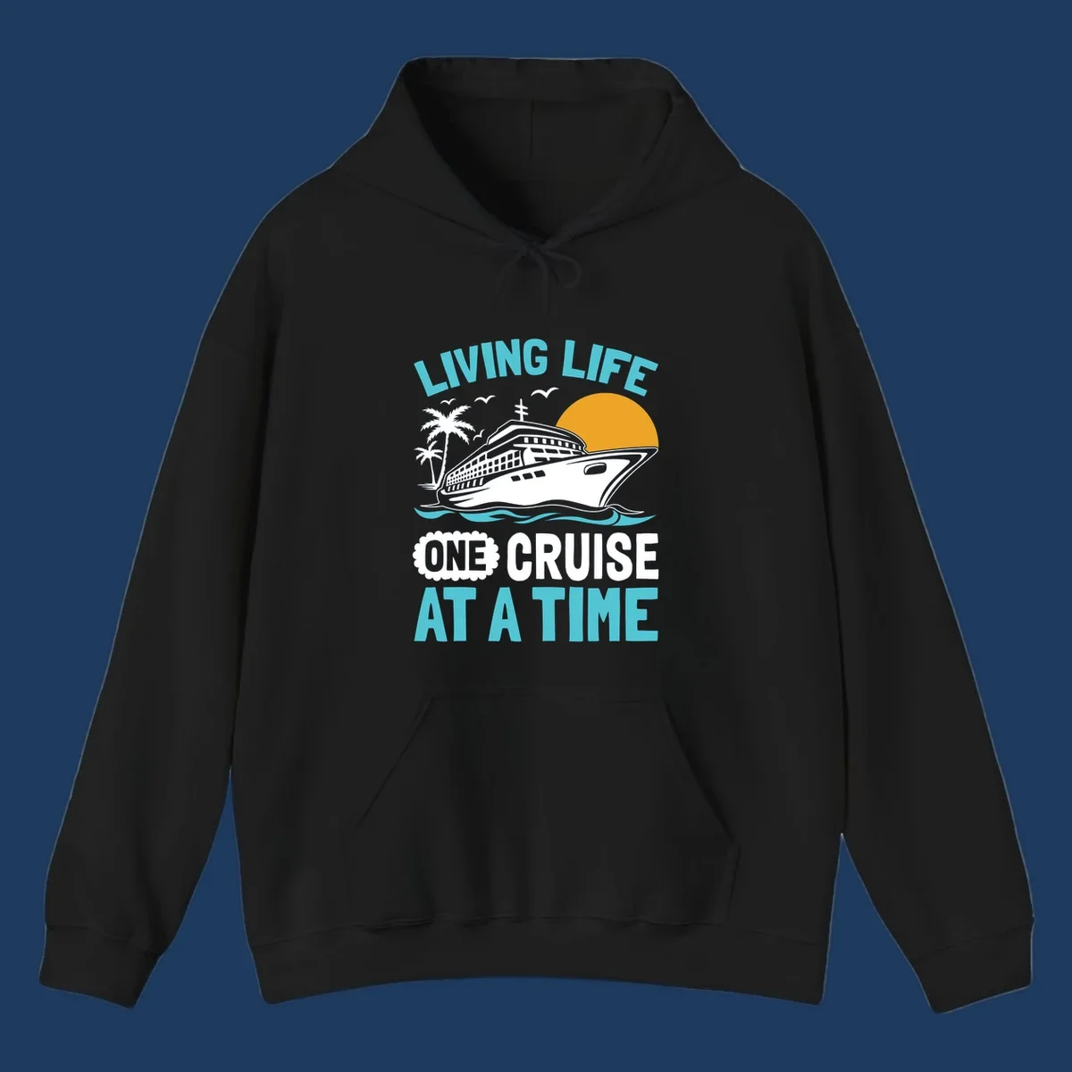 Retro cruise ship illustration with sunset, palm trees, and waves, featuring 'Living Life One Cruise At A Time' text.