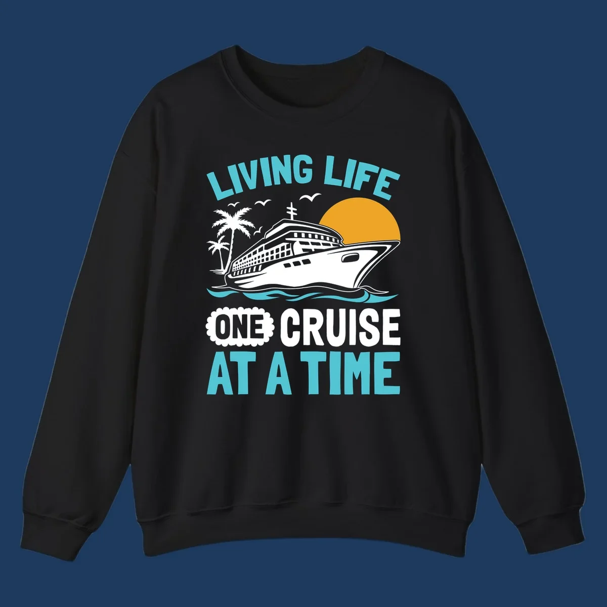 Retro cruise ship illustration with sunset, palm trees, and waves, featuring 'Living Life One Cruise At A Time' text.