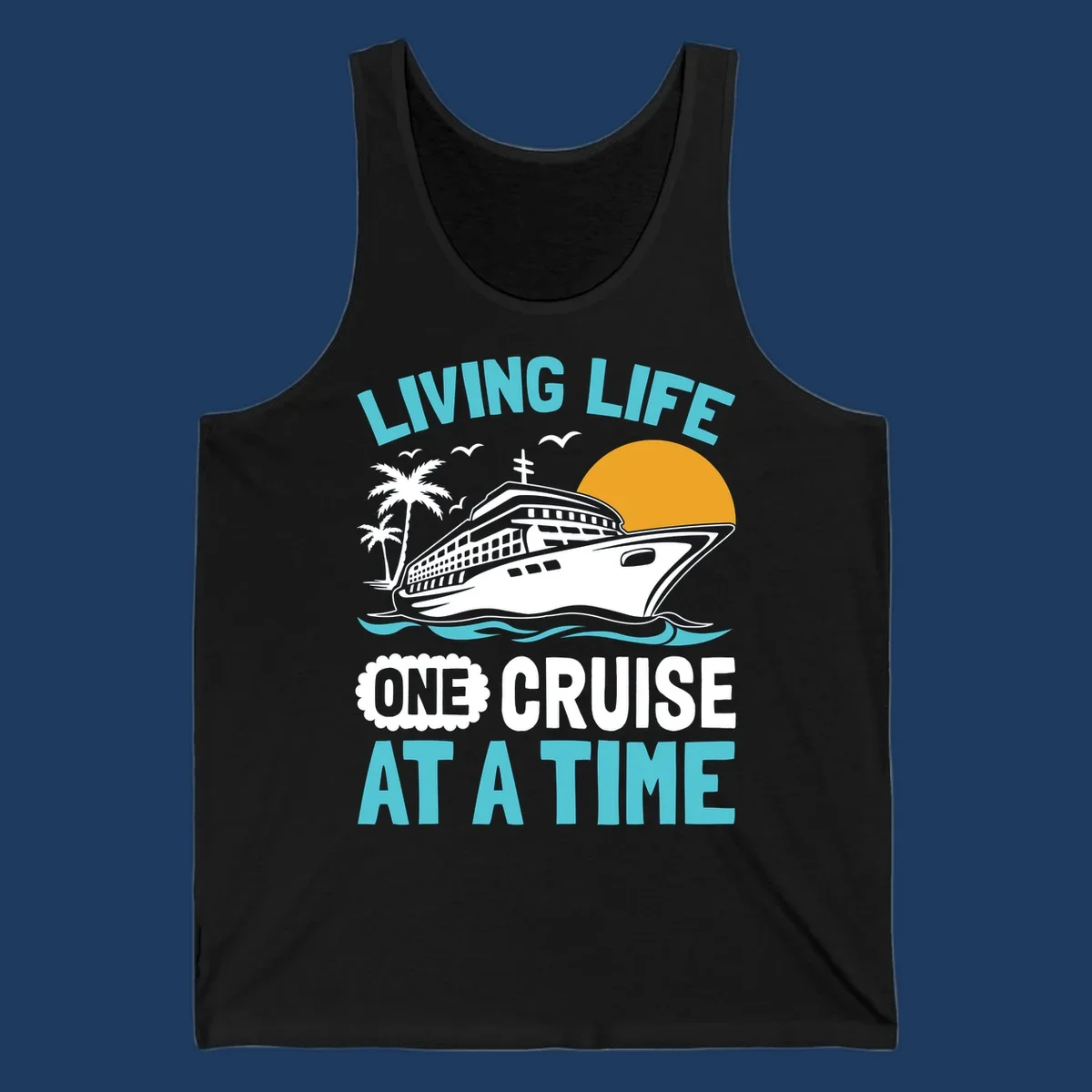 Retro cruise ship illustration with sunset, palm trees, and waves, featuring 'Living Life One Cruise At A Time' text.