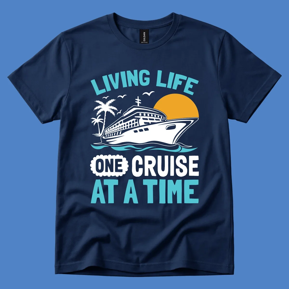 Retro cruise ship illustration with sunset, palm trees, and waves, featuring 'Living Life One Cruise At A Time' text.