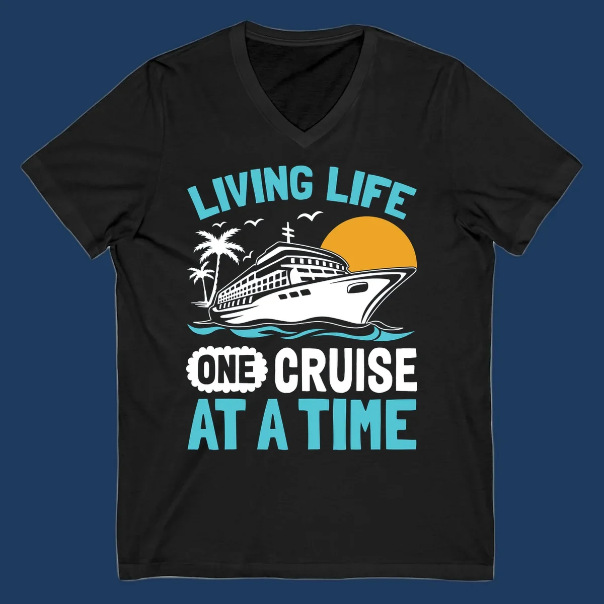 Retro cruise ship illustration with sunset, palm trees, and waves, featuring 'Living Life One Cruise At A Time' text.