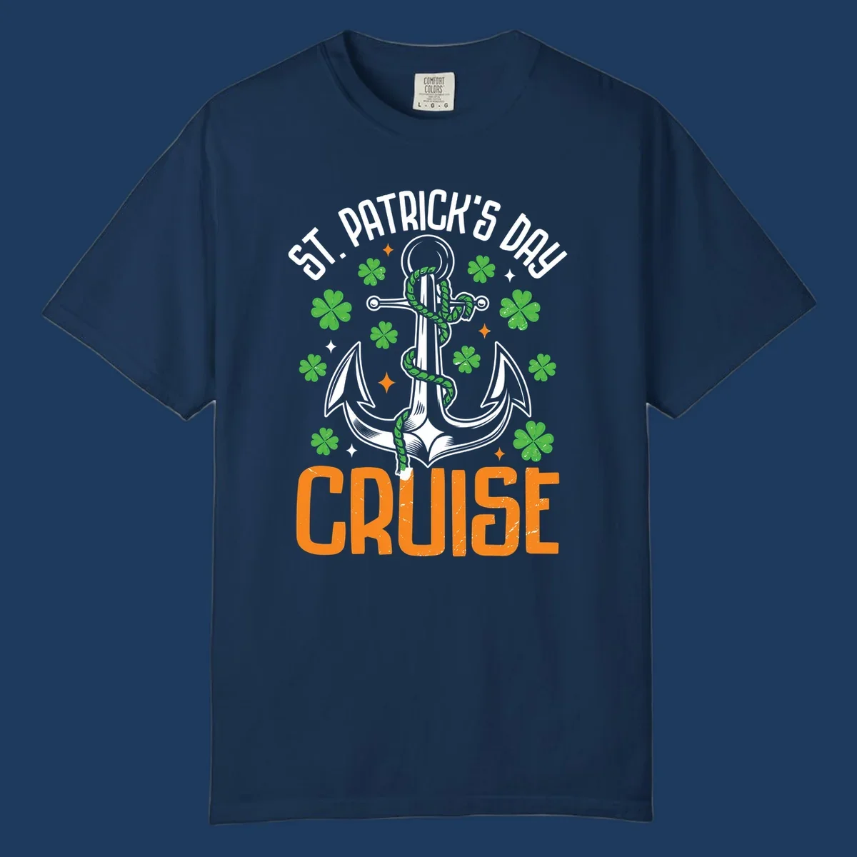 St. Patrick's Day cruise design with white anchor, green snake, four-leaf clovers, and orange text on gray background