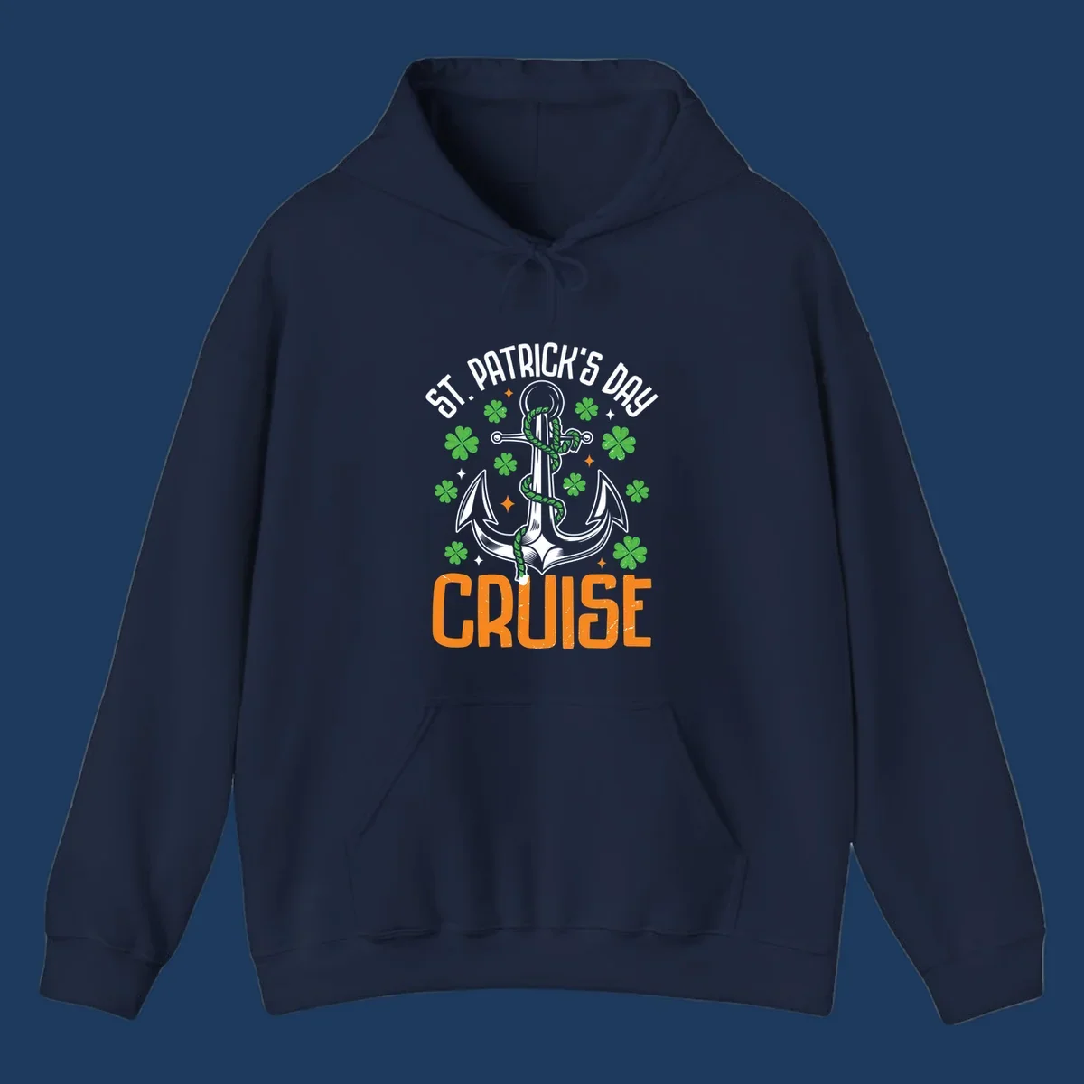 St. Patrick's Day cruise design with white anchor, green snake, four-leaf clovers, and orange text on gray background