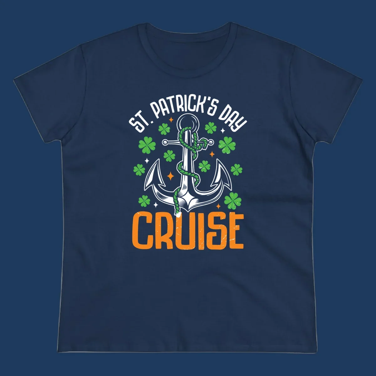 St. Patrick's Day cruise design with white anchor, green snake, four-leaf clovers, and orange text on gray background