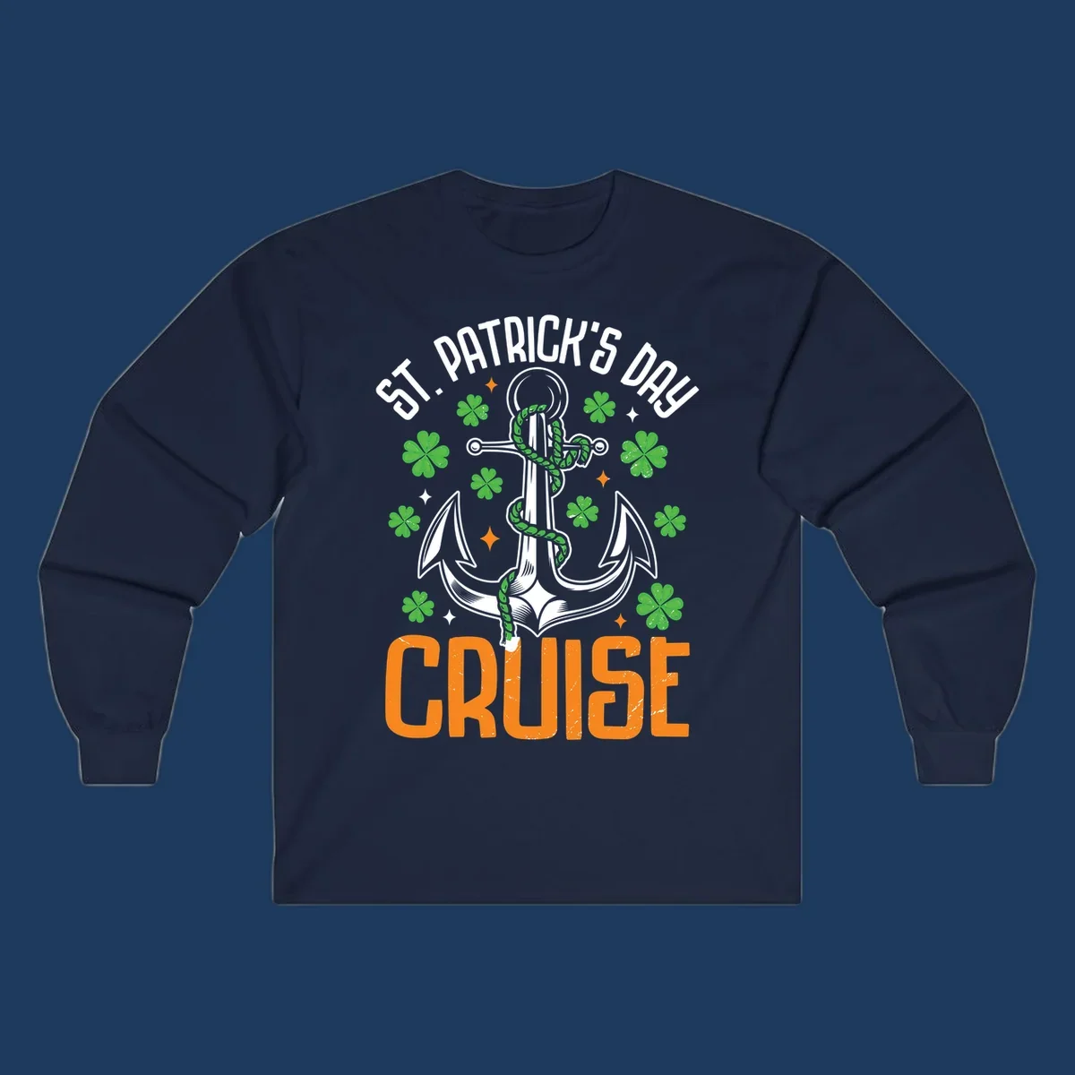 St. Patrick's Day cruise design with white anchor, green snake, four-leaf clovers, and orange text on gray background