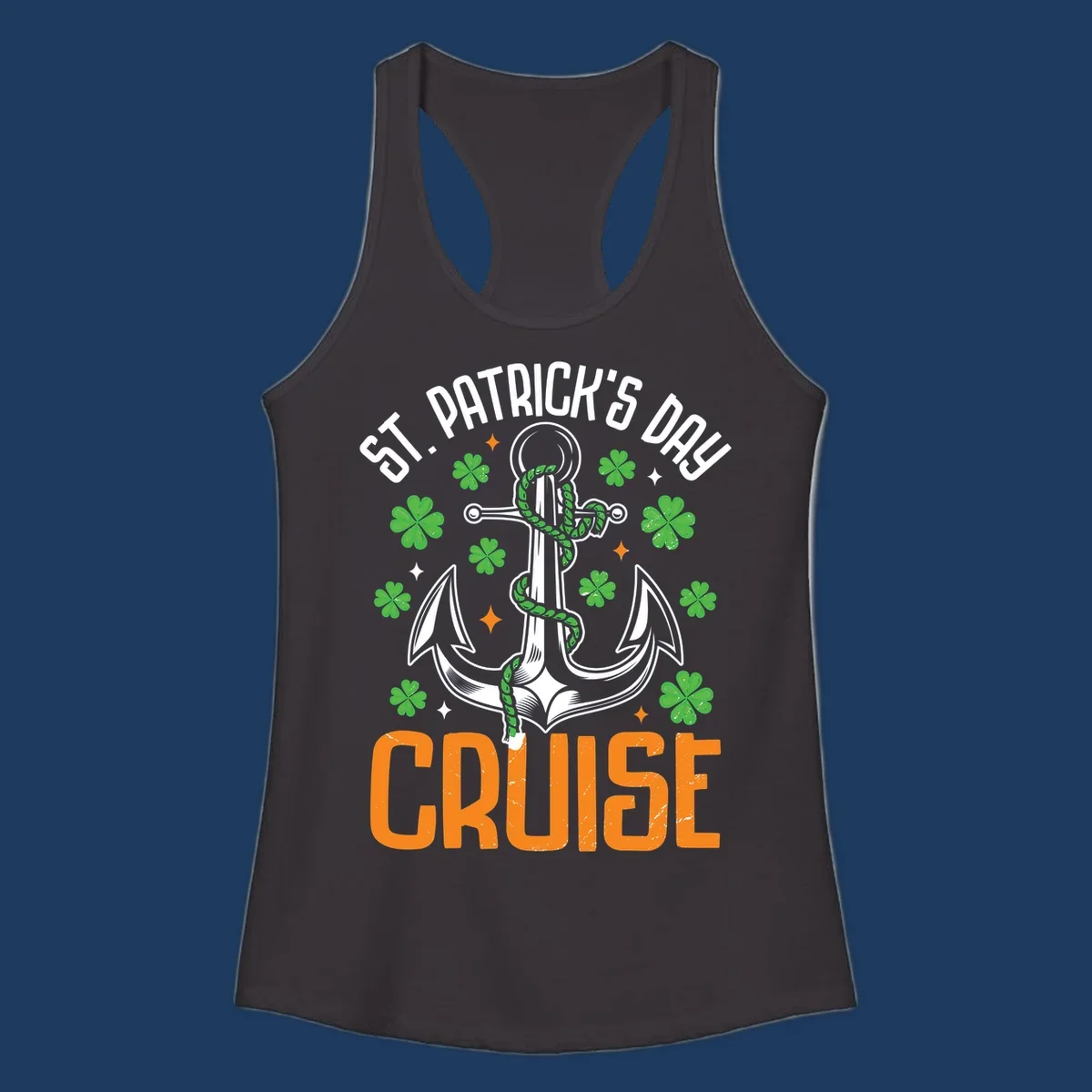 St. Patrick's Day cruise design with white anchor, green snake, four-leaf clovers, and orange text on gray background