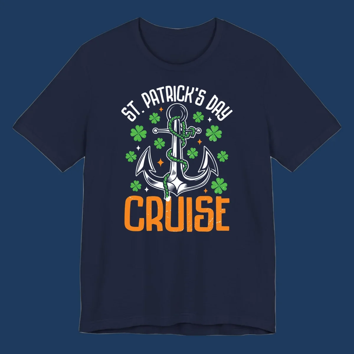 St. Patrick's Day cruise design with white anchor, green snake, four-leaf clovers, and orange text on gray background