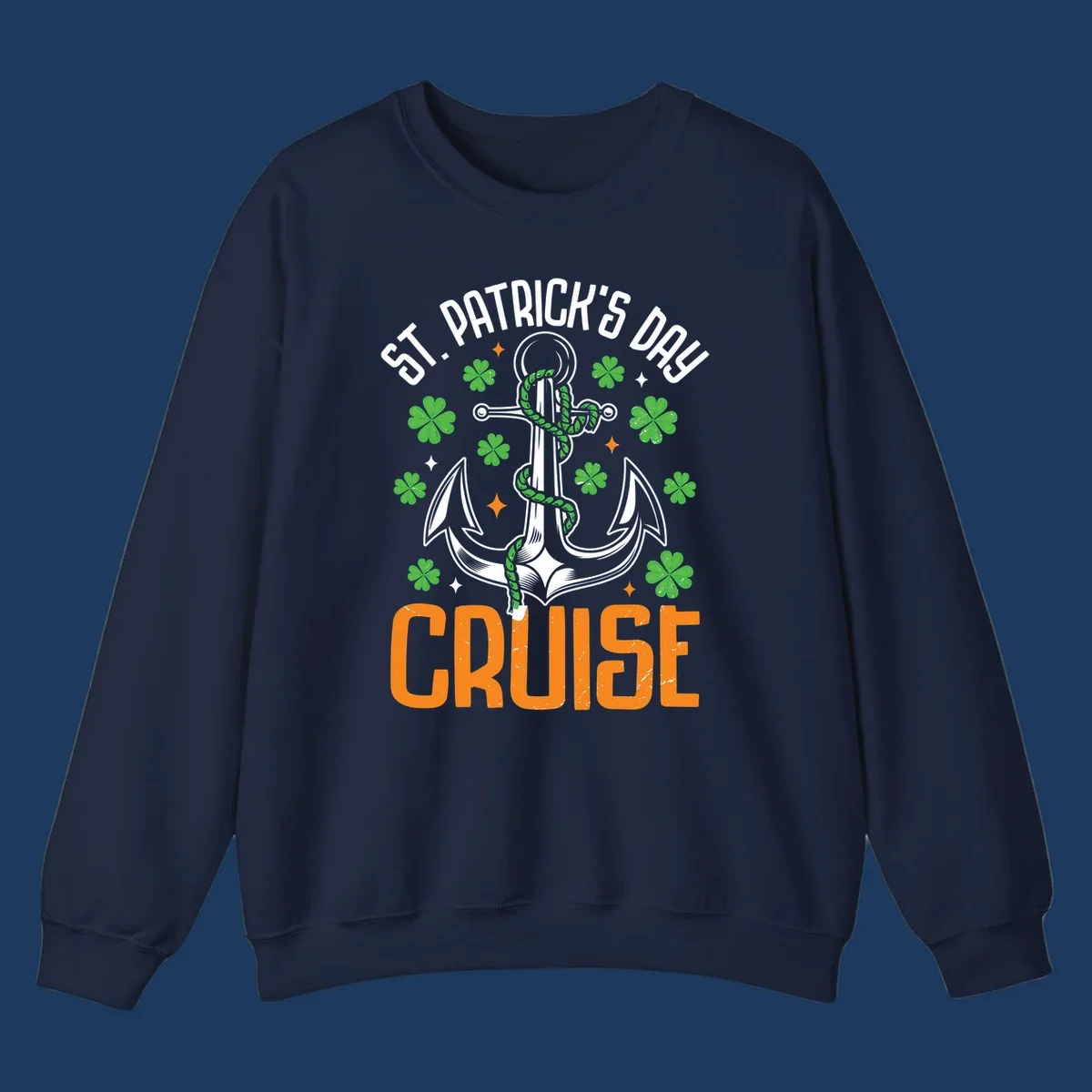 St. Patrick's Day cruise design with white anchor, green snake, four-leaf clovers, and orange text on gray background