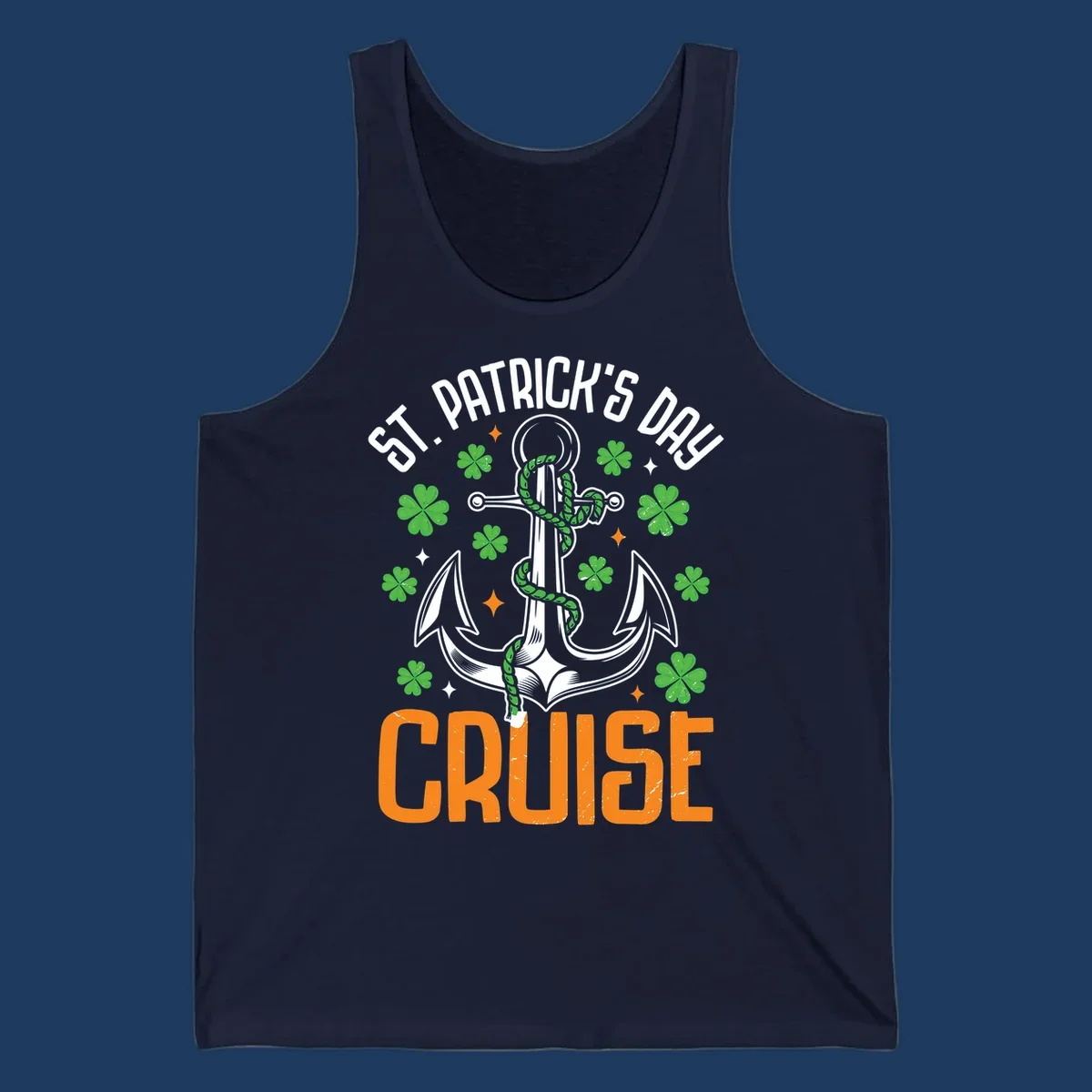 St. Patrick's Day cruise design with white anchor, green snake, four-leaf clovers, and orange text on gray background