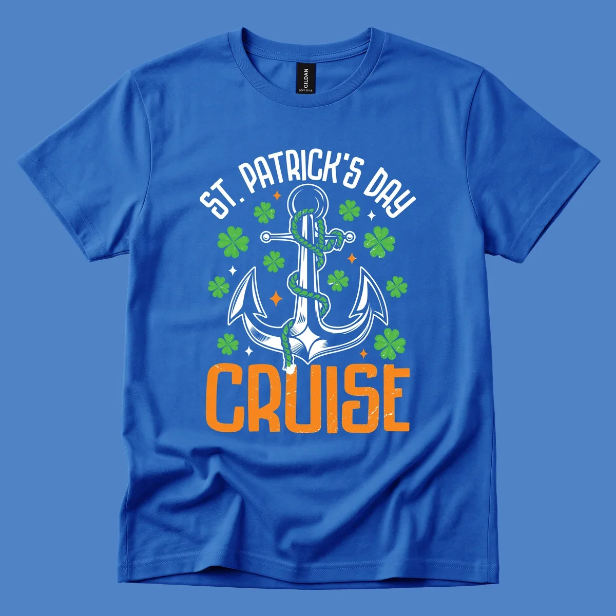 St. Patrick's Day cruise design with white anchor, green snake, four-leaf clovers, and orange text on gray background