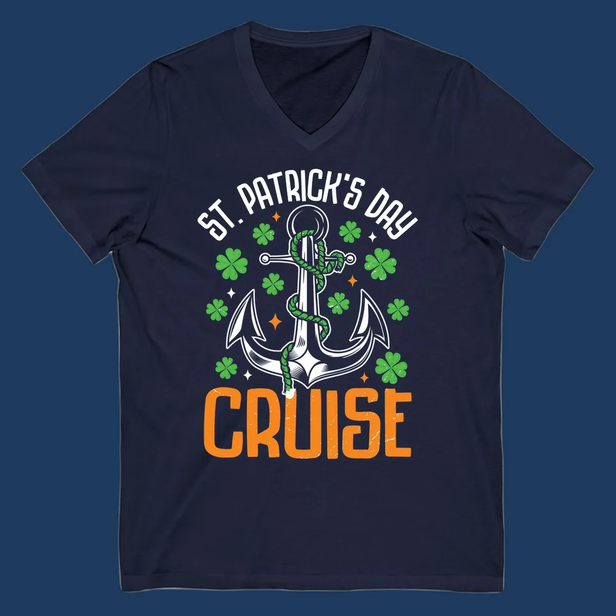 St. Patrick's Day cruise design with white anchor, green snake, four-leaf clovers, and orange text on gray background